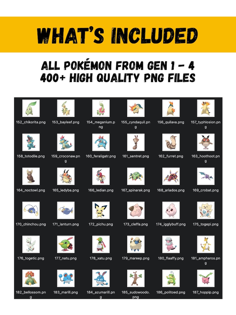 May include: A digital product image with the text "WHAT'S INCLUDED" and "ALL POK&Eacute;MON FROM GEN 1-4 400+ HIGH QUALITY PNG FILES". The image displays a grid of Pok&eacute;mon characters from the first four generations, each with a file name.
