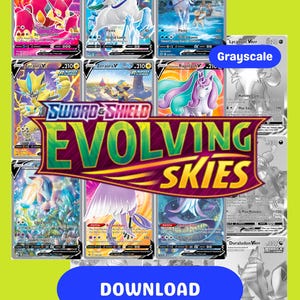 May include: A selection of Pokémon trading cards from the "Evolving Skies" set. The cards showcase diverse Pokémon characters in full colour and grayscale. The set includes cards with text such as "Volcanion V", "Calyrex V", and "Zeraora V".