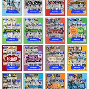 May include: A collection of Pokémon trading card sets, each with a unique title and design. The sets include "Crystal Guardians," "Ex Delta Species," and "Dragon Frontiers," among others. Each set has a "Download" button.