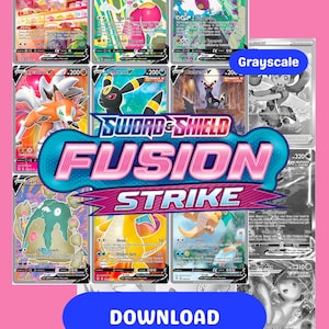 以下が含まれることがあります： 様々なキャラクターと「Sword & Shield Fusion Strike」のロゴが特徴のポケモンカードのコレクション。カードにはカラフルなイラストとテキストが表示され、下部には青色の「ダウンロード」ボタンがあります。