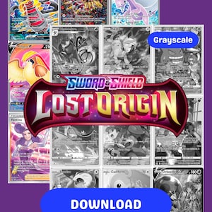 Puede incluir: Una colección de cartas coleccionables de Pokémon, algunas en color y otras en escala de grises. Las cartas presentan varios personajes de Pokémon y el logotipo "Sword & Shield Lost Origin". Un botón azul con la palabra "DESCARGAR" está en la parte inferior.
