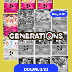 May include: A collection of Pokémon trading cards, some in color and others in grayscale. The cards feature various Pokémon characters, with the word "GENERATIONS" prominently displayed. A blue button with the word "DOWNLOAD" is also visible.