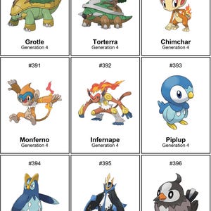 Puede incluir: Nueve cartas Pok&eacute;mon con personajes de la Generaci&oacute;n 4. Las cartas incluyen Grotle, Torterra, Chimchar, Monferno, Infernape, Piplup, Prinplup, Empoleon y Starly. Cada carta muestra el nombre del Pok&eacute;mon y la informaci&oacute;n de la Generaci&oacute;n 4.