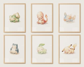 Sleeping Pokémon Nursery Wall Art Bundle, 6 Printable Posters, Bulbasaur Charmander Chikorita Mudkip Pikachu Snorlax, Instant Download