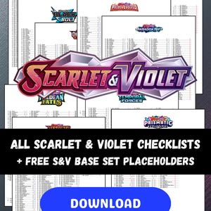 以下が含まれることがあります： 「Scarlet & Violet」、「Paldea Evolved」、「Paradox Rift」など、さまざまなScarlet & Violetのロゴが入った白い紙のチェックリストのコレクション。画像には「ALL SCARLET & VIOLET CHECKLISTS + FREE S&V BASE SET PLACEHOLDERS」というテキストと青色の「DOWNLOAD」ボタンが表示されています。