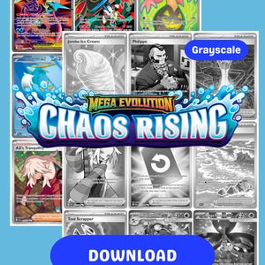 May include: A collection of trading cards featuring various characters and designs. Some cards are in color, showcasing vibrant illustrations, while others are grayscale. The cards are part of the "Mega Evolution Chaos Rising" series, with a blue "Download" button.