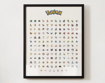 Póster de la Pokédex de Pokémon Gen 1, arte mural de Kanto, decoración para dormitorio infantil, obra de arte original imprimible digitalmente.