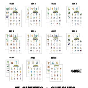 May include: A collection of 15 sheets with cutouts featuring various Pok&eacute;mon characters. The sheets are organized by generation, including Gen 1 through 9, plus Baby and Eevee themes. The text "WHAT'S INCLUDED" and "+MORE" are also visible.