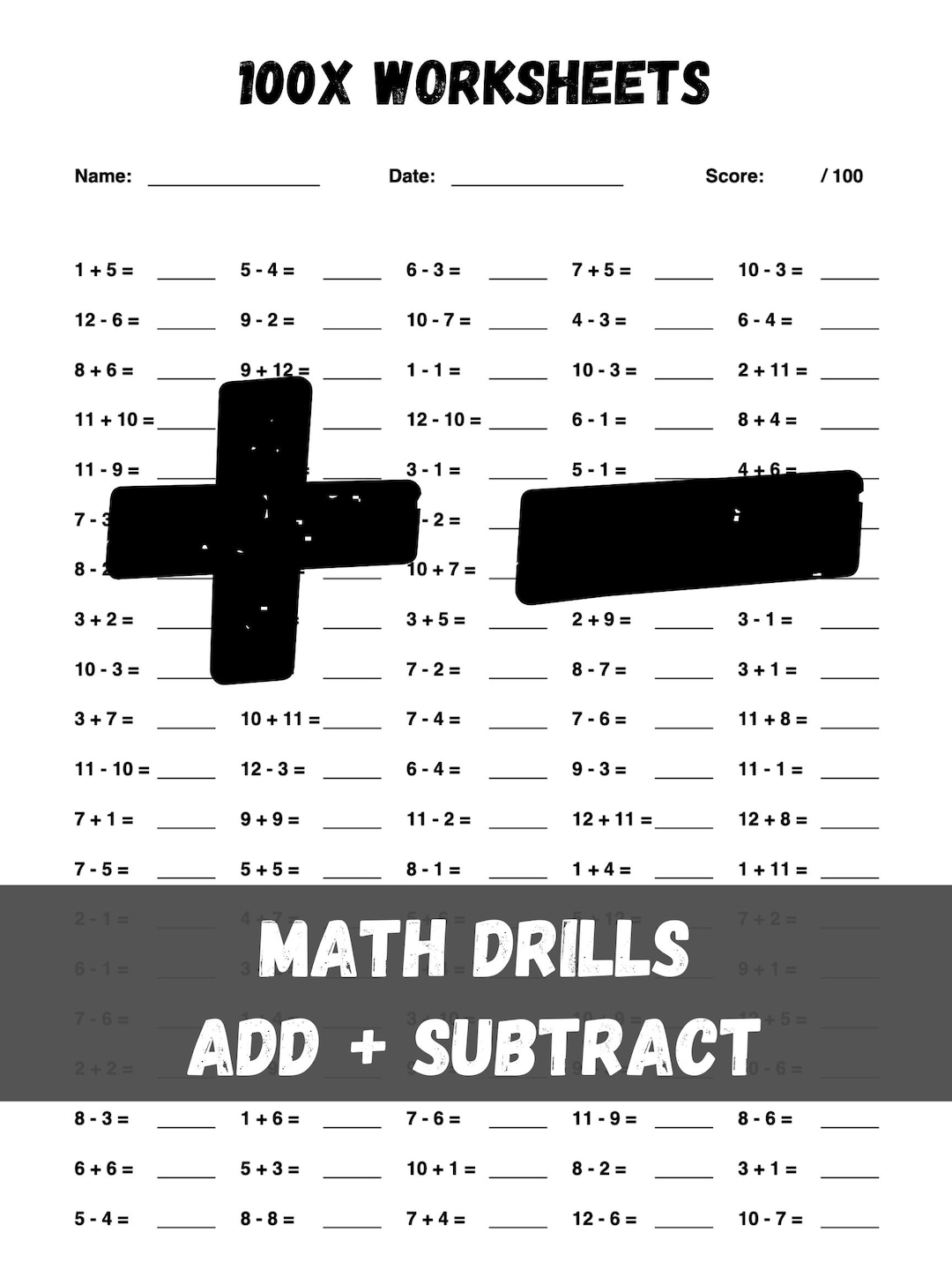 Mixed Addition and Subtraction Math Drills Workbook Using Numbers 1 to ...
