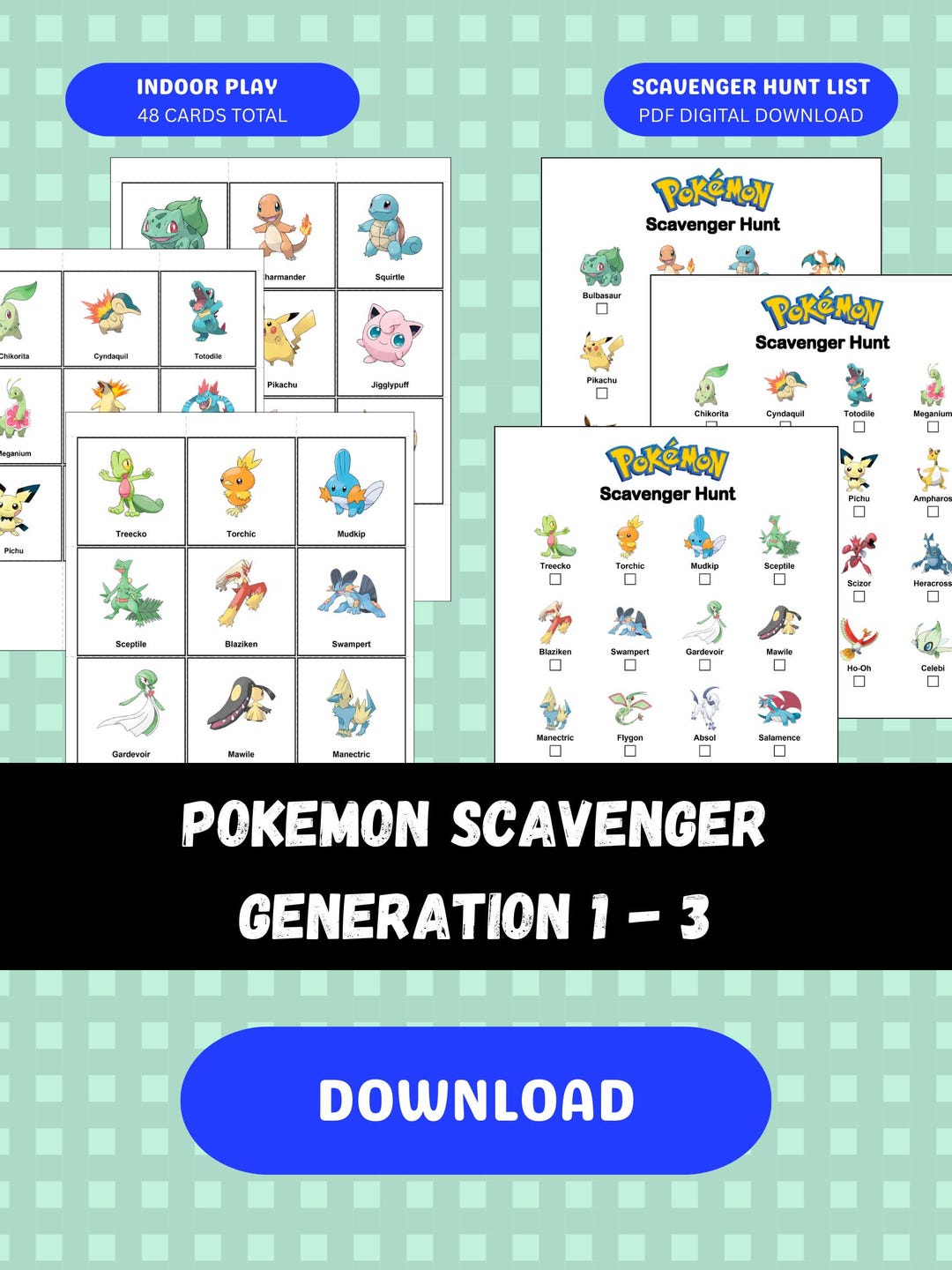Pokémon Scavenger Hunt Printable for Kids, Catch 'em All Game, Set of