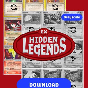 Op de afbeelding: Een verzameling Pokémon-ruilkaarten, waaronder kaarten in kleur en grijstinten. De kaarten tonen verschillende Pokémon-personages en trainerkaarten, met de tekst "Hidden Legends" prominent aanwezig. Een blauwe knop met het woord "Download" is ook zichtbaar.