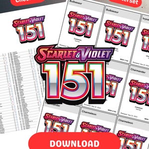 Op de afbeelding: Een verzameling afbeeldingen van "Scarlet & Violet 151" ruilkaarten, inclusief een checklist en een masterset. De kaarten tonen het "Scarlet & Violet" logo en het nummer "151" in een levendig ontwerp. Een rode "Download" knop is ook zichtbaar.