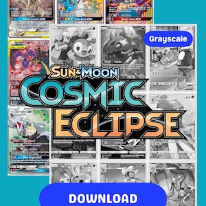 以下が含まれることがあります： ポケモンカードのコレクションで、一部はカラー、その他はグレースケールです。カードにはさまざまなポケモンのキャラクターが描かれており、「SUN & MOON COSMIC ECLIPSE」の文字が大きく表示されています。「ダウンロード」という単語の青いボタンが一番下にあります。