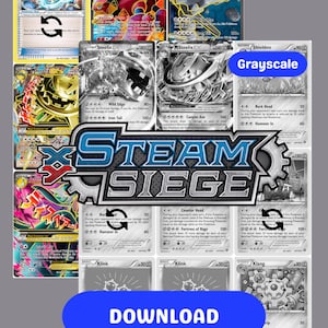 May include: A selection of Pokémon trading cards, displaying diverse characters and designs. The cards present a combination of colours and grayscale imagery, with the "Steam Siege" logo clearly visible. Some cards feature text such as "Steelix" and "Klink".