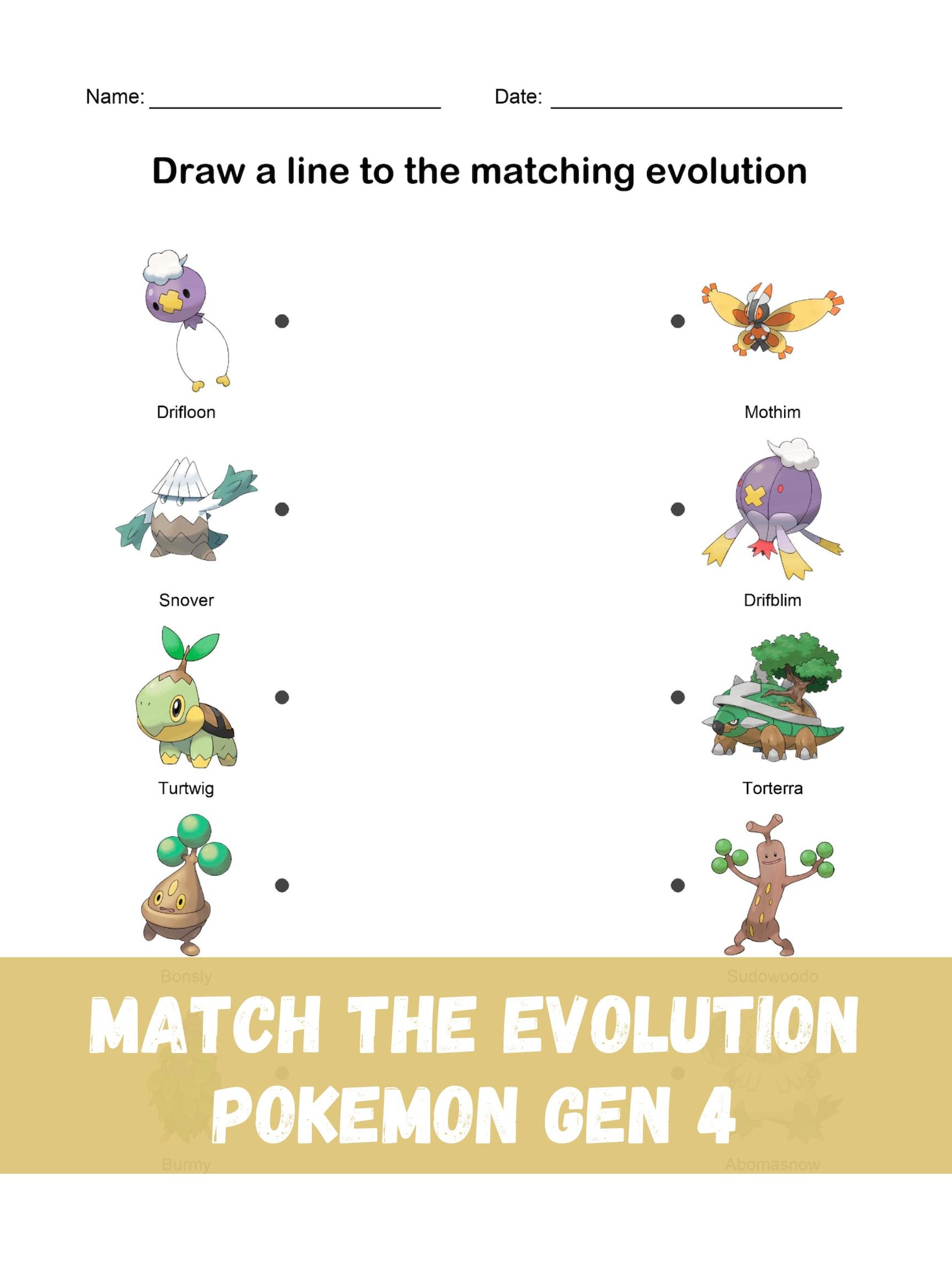 Pokémon Evolution Matching Worksheet Gen 4 Printable Activity Kids ...