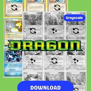 May include: A collection of Pokémon trading cards, some in color and others in grayscale. The cards feature various Pokémon characters, including Golem, Grumpig, and Ampharos ex. The word "DRAGON" is prominently displayed.