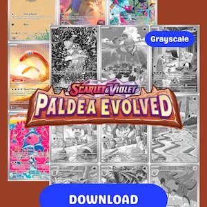 May include: A selection of Pokémon trading cards, some in colour and others in grayscale. The cards feature various Pokémon characters, with the title "Scarlet & Violet Paldea Evolved" displayed.