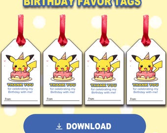 Etiquetas de recuerdo para fiesta de cumpleaños de Pikachu: 2 etiquetas de regalo de 3,25 pulgadas (descarga digital instantánea)