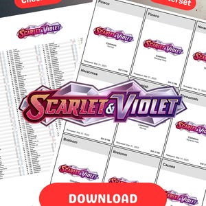 May include: Two sheets of paper with the "SCARLET & VIOLET" logo and card details. One sheet is a checklist, the other is a master set. The word "DOWNLOAD" is on a red button. The background is dark with red accents.