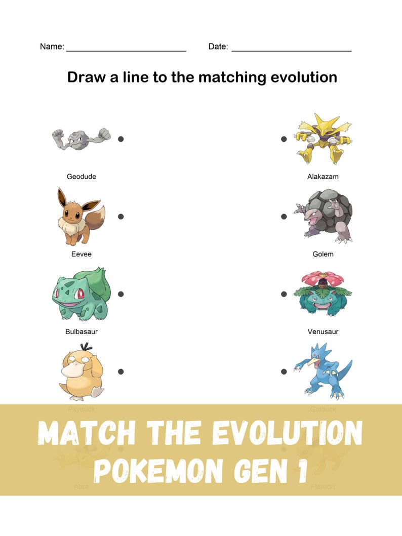 Pokemon Matching Task Pokémon Evolution Matching Worksheet Gen 1 Printable Activity Kids ...