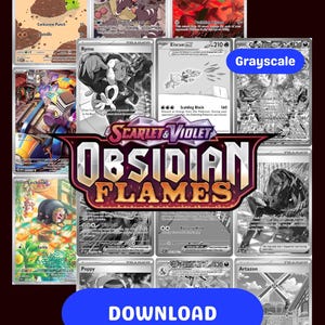 Könnte beinhalten: Eine Sammlung von Pokémon-Sammelkarten, einige in Farbe und andere in Graustufen. Die Karten zeigen verschiedene Pokémon-Charaktere und das Logo "Scarlet & Violet Obsidian Flames". Unten befindet sich eine blaue Schaltfläche mit dem Wort "DOWNLOAD".