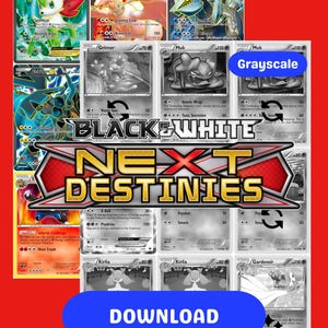 Könnte beinhalten: Eine Sammlung von Pokémon-Sammelkarten, einige in Farbe und andere in Graustufen. Die Karten zeigen verschiedene Pokémon-Charaktere und enthalten den Text "BLACK & WHITE NEXT DESTINIES" und "DOWNLOAD". Der Hintergrund ist rot.