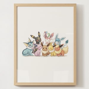 May include: A framed print depicting a collection of cartoon creatures in various colours. The artwork features a group of characters with distinct designs, set against a white backdrop. The frame is a light wood colour.