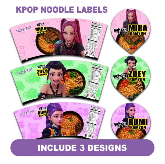 Kpop Demon Hunters Ramen Labels, Huntrix Ramyeon Cup Wraps, Rumi