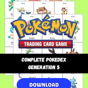 Puede incluir: Una descarga digital que presenta una Pokédex completa para las cartas coleccionables de Pokémon de la Generación 5. La imagen incluye varias ilustraciones de Pokémon, el logotipo de Pokémon y el texto "Trading Card Game". Un botón azul dice "Descargar".