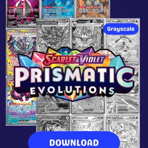 May include: A selection of trading cards, some in colour and some in grayscale, showcasing diverse characters and designs. The image includes the "Scarlet & Violet Prismatic Evolutions" logo and a blue button with the word "DOWNLOAD".