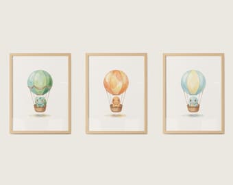Gen 1 Starters Hot Air Balloon Wall Art, 3 Printable Posters, Bulbasaur Charmander Squirtle, Digital Download