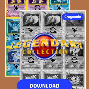 May include: A collection of Pokémon trading cards, some in color and others in grayscale. The cards feature various Pokémon characters, including Alakazam, Articuno, Flareon, Blastoise, and Jolteon. The text "Legendary Collection" and "Download" are also visible.