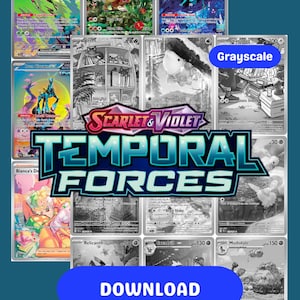 Puede incluir: Una colección de cartas coleccionables de Pokémon, algunas en color y otras en escala de grises. Las cartas presentan varios personajes y habilidades de Pokémon, con el logotipo "Scarlet & Violet Temporal Forces" en un lugar destacado. Un botón azul con la palabra "DESCARGAR" está en la parte inferior.