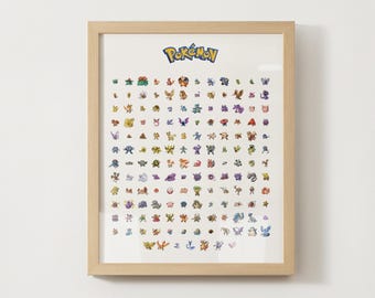 Póster de la Pokédex de Pokémon Gen 1, arte mural de Kanto, decoración para dormitorio infantil, edición Pixel, descarga digital imprimible.