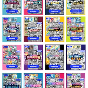 May include: A collection of Pokémon trading card sets, each with a unique title and design. Sets include "Astral Radiance," "Battle Styles," and "Brilliant Stars." Each set features a variety of colorful cards and a "Download" button.
