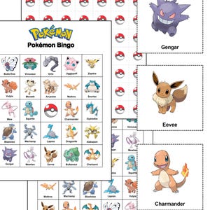 May include: A Pokémon Bingo game with various Pokémon characters, including Gengar, Eevee, and Charmander. The game board features a grid with different Pokémon illustrations and the Pokémon logo. Additional sheets with Poké Ball designs are also present.