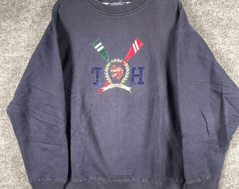 Moletom vintage Tommy Hilfiger masculino tamanho G azul com brasão bordado, estilo anos 90.