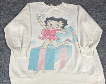 Felpa vintage Betty Boop BJ Frog, taglia media da adulto, bianca, anni '80, girocollo, stile retrò, prodotta negli Stati Uniti.