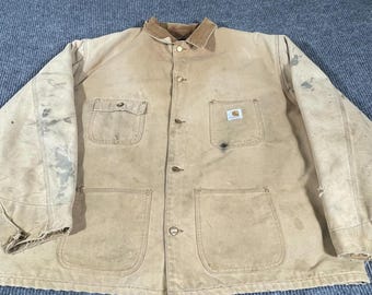 VTG Carhartt Jacket Mens 2XL Beige Carpet Lined Detroit Chore Barn Coat Grunge