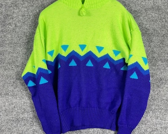 Sweter VTG Obermeyer damski, średni, neonowozielony, fioletowy, narciarski, retro, z mieszanki wełny z lat 80.