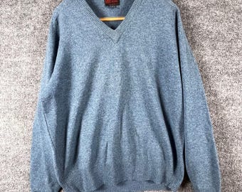 Maglione vintage Bert Sweeney da uomo, taglia XXL (corrisponde a una XL), blu, in lana d'agnello, scollo a V, stile anni '80.