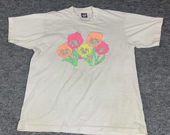 VTG Screen Stars Best Shirt Uomo XL Bianco Floreale Pansy Punto Singolo Art Anni '90