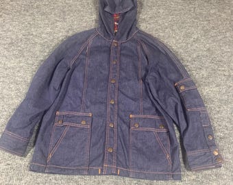 Giacca di jeans vintage da uomo, taglia M, blu, in cotone, con cappuccio, foderata, con tasche, ispirata a Stranger Things.