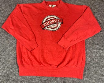 Felpa vintage Wisconsin Badgers da uomo, extra large, girocollo, rossa, ricamata, anni '90