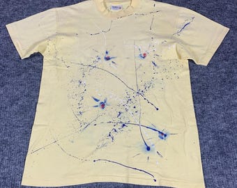 Maglietta VTG Sunbelt da uomo, grande macchia di vernice gialla, punto singolo, arte astratta