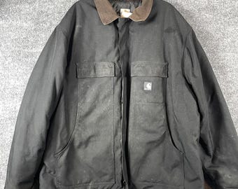 Giacca Carhartt vintage da uomo, taglia XL, nera, foderata in tela, con cerniera intera e colletto in velluto a coste.