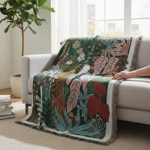 Botanical Woven Throw Blanket: Tropical Leaf Design, Boho Decor