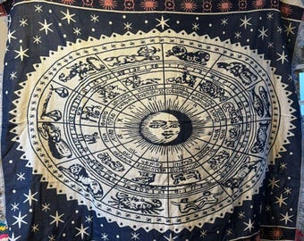 Couverture roue du zodiaque : tapisserie astrologie, décoration bohème (180 x 230)