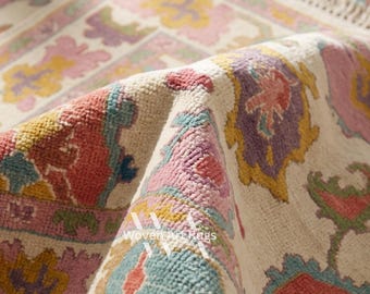 Hand Knotted Pastel Oushak Rug, Pink Floral Wool Area Rug, Luxury Handmade Turkish Inspired Carpet, Vintage Style Rug