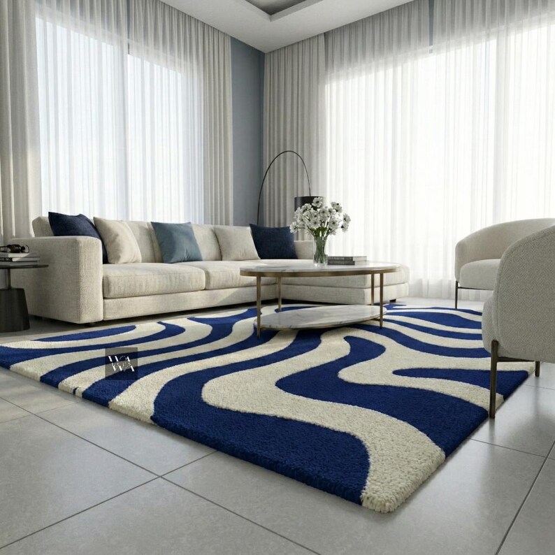 Blue and Cream Abstract Hand Tufted Wool Rug – Modern Wavy Pattern Area ...